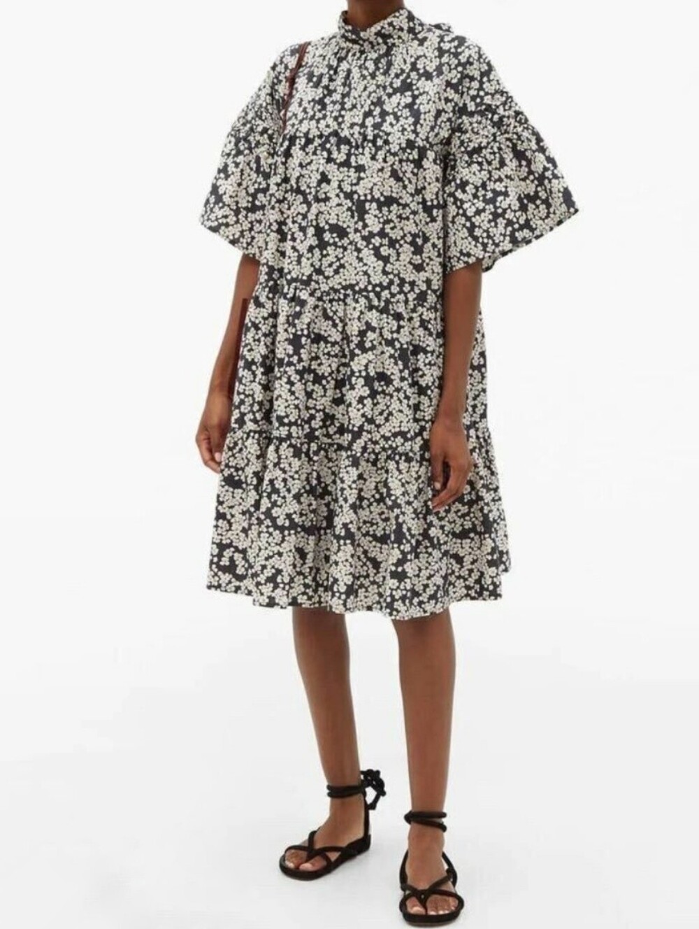 Merlette Astell Tiered Floral Cotton Trapeze Dress Black lavender Print Medium